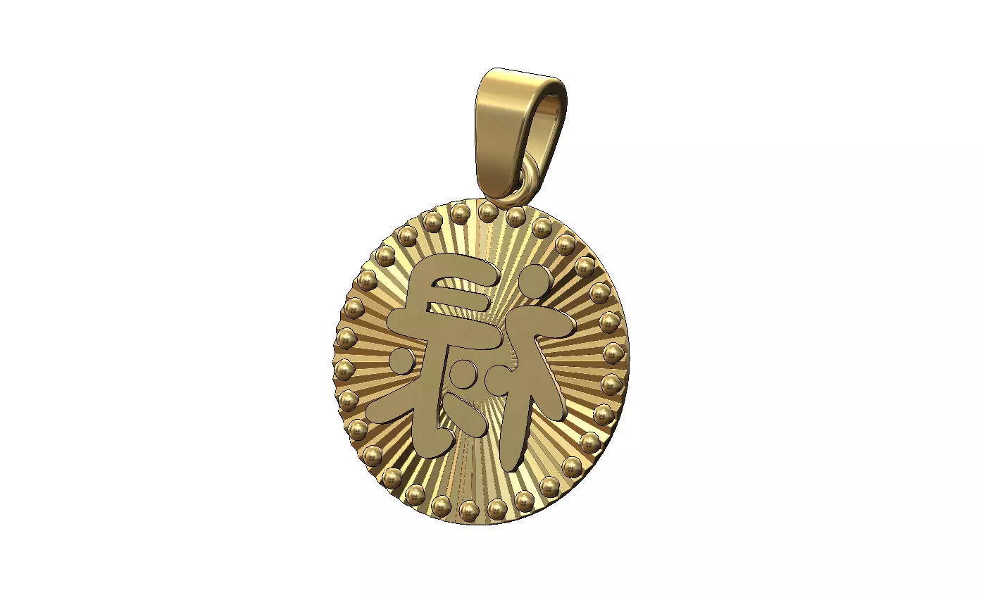 Prosperity chinese symbol faceted sunrays tag pendant charm 3D print model_0