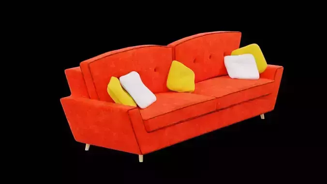 Red Sofa with Five Decorative Pillows