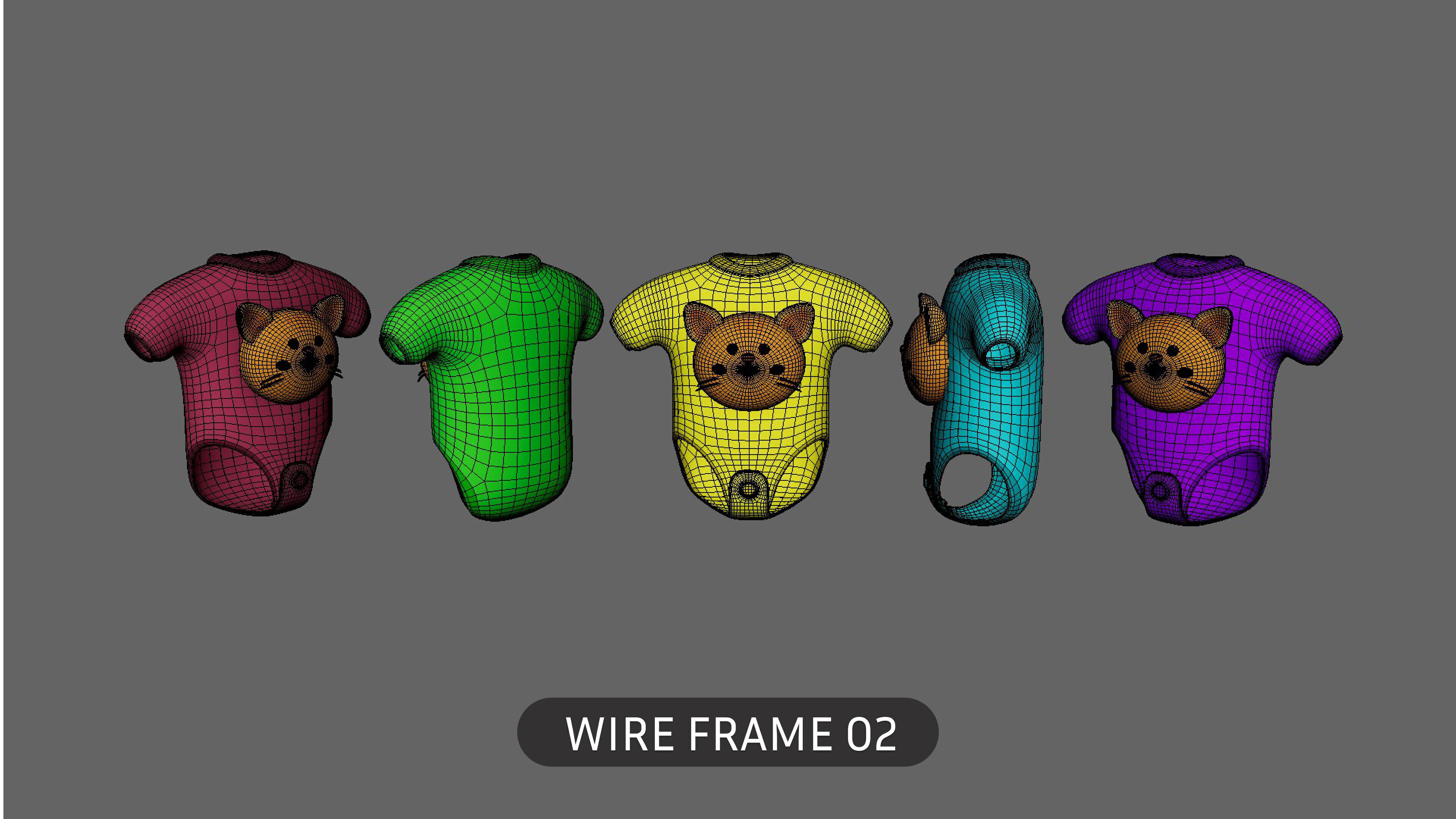 Cute Cat Baby Bodysuit 3D Models - Colorful Set  Low-poly 3D model_7