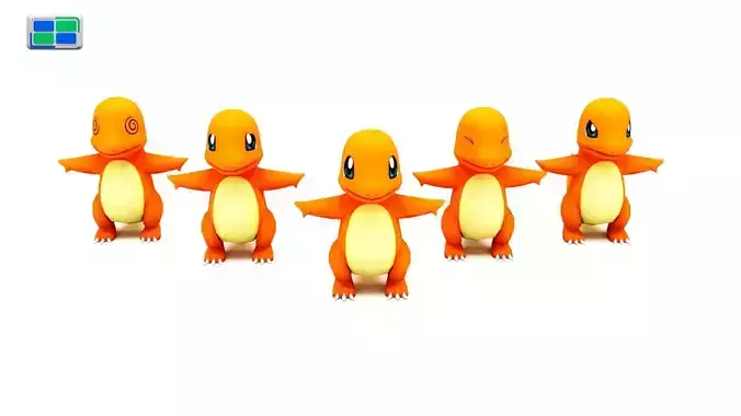Charmander Model five orange pokemon figurines in row 3D model