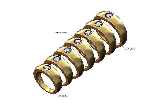 Tapered bezel set 5mm diamond cigar rounded band US sizes 6to12 3D print model