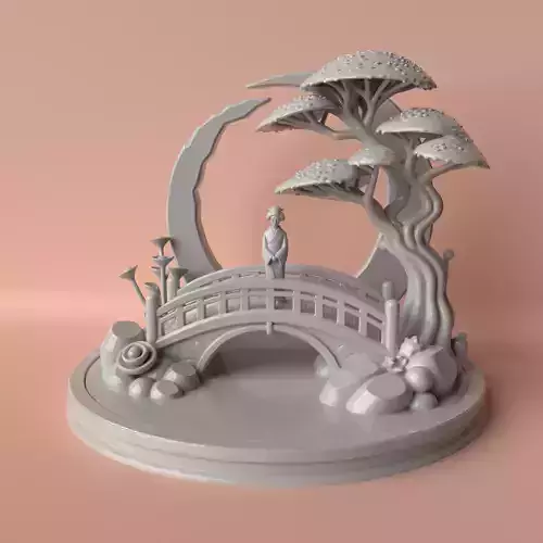 Moonlit Grace  Geisha on the Bridge Diorama 3D print model