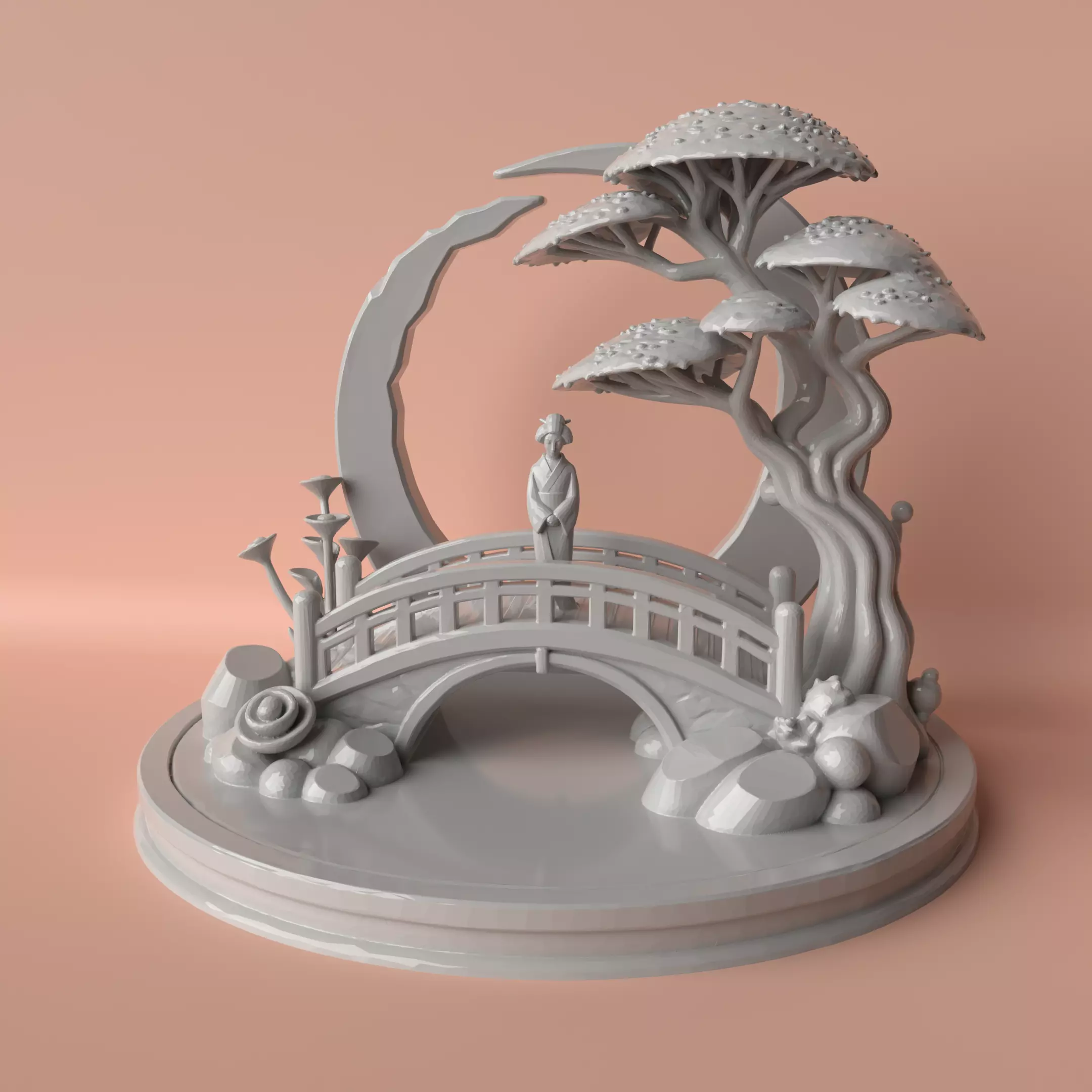 Moonlit Grace  Geisha on the Bridge Diorama 3D print model_0