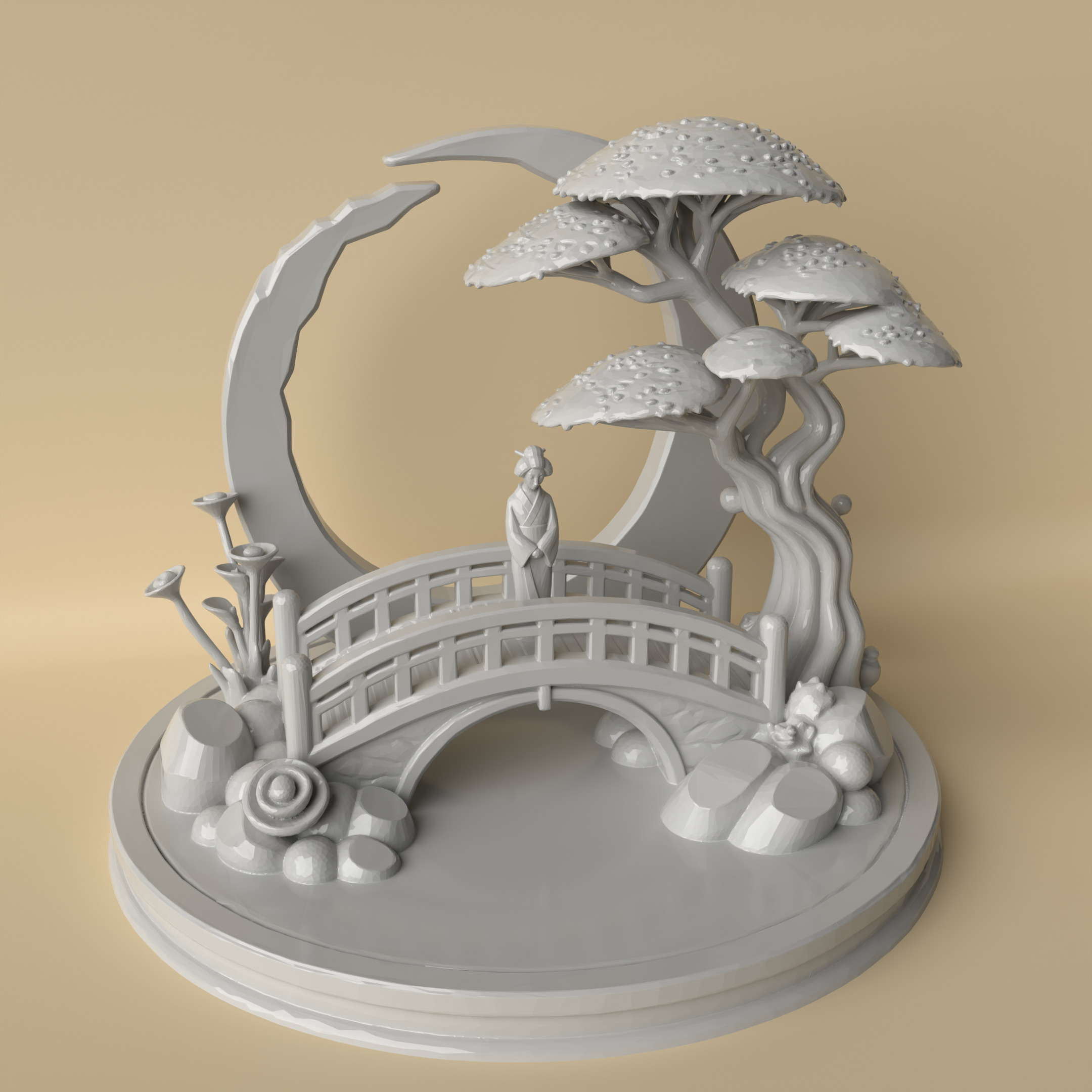 Moonlit Grace  Geisha on the Bridge Diorama 3D print model_2