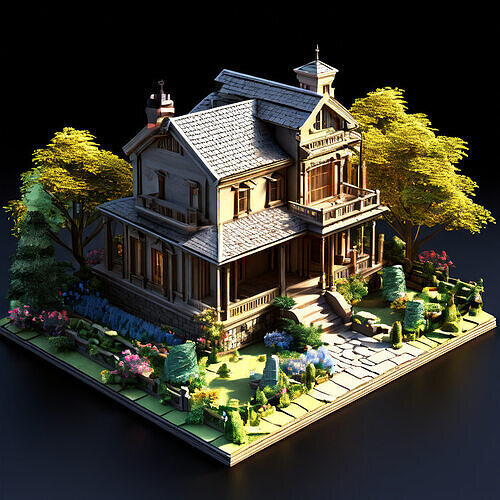 Victorian House with Garden LowPoly Low-poly 3D model
