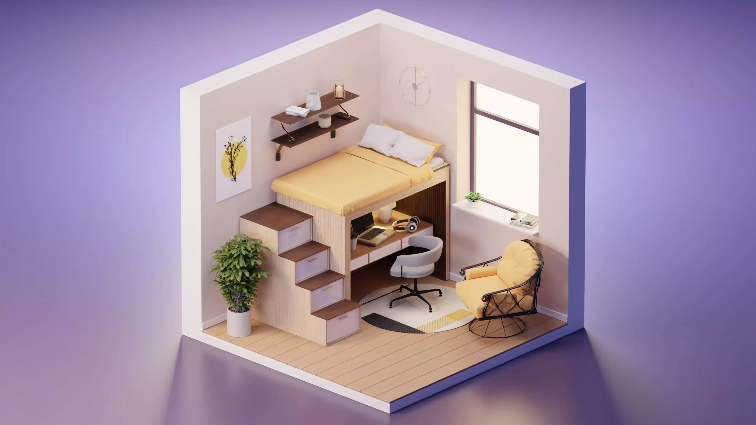 Cozy bedroom isometric 3D model