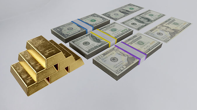 Money Dollar Bills Gold Bars Low-poly 3D model