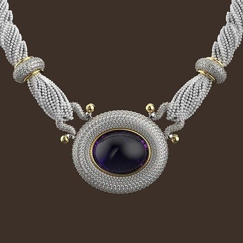 Vintage Amethyst Cabochon Pendant with Pave Rhino7 3DM STL FBX 3D print model