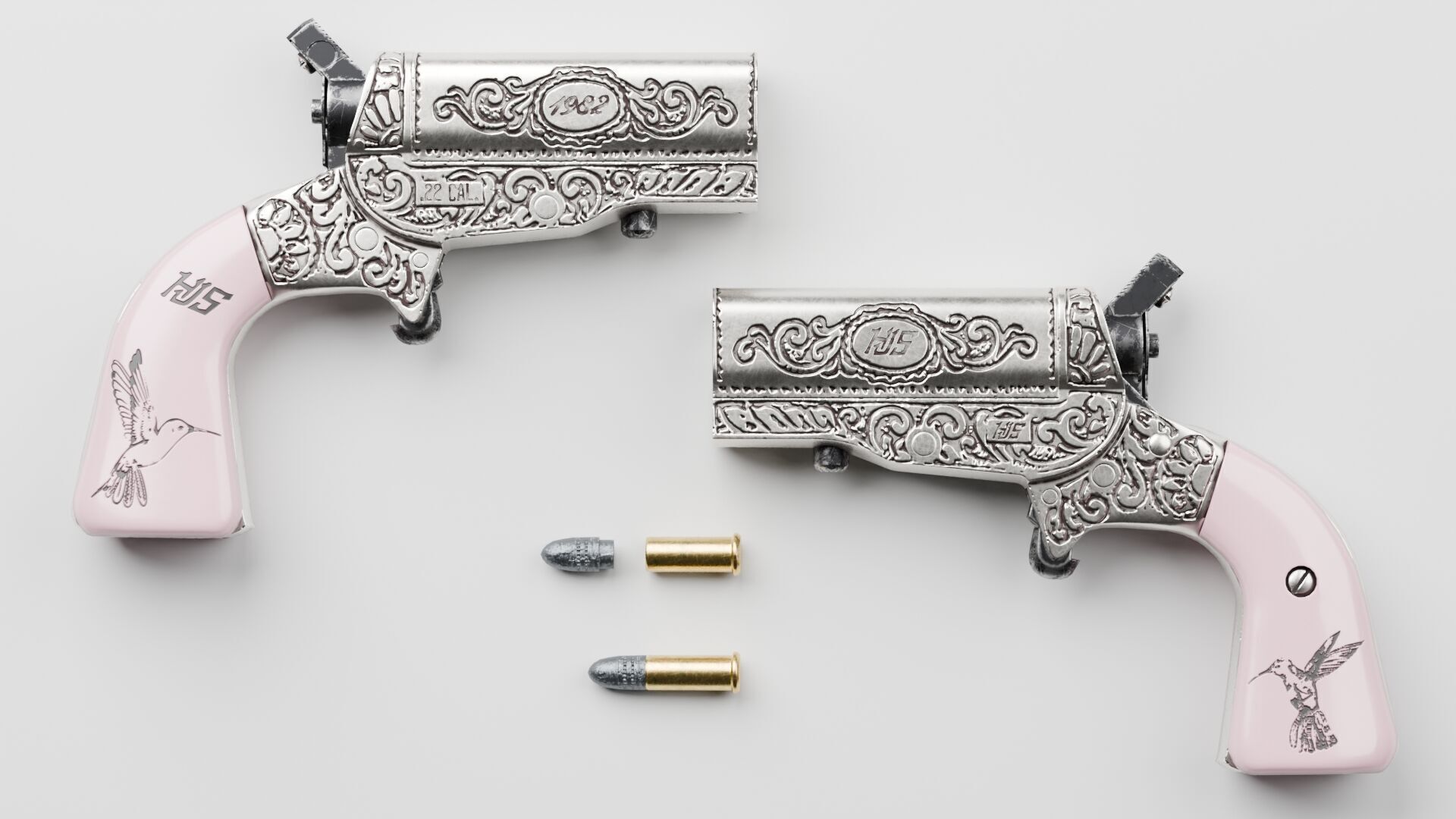 HJS Frontier Four Derringer Engraved Humming Bird Grip Low-poly 3D model_2