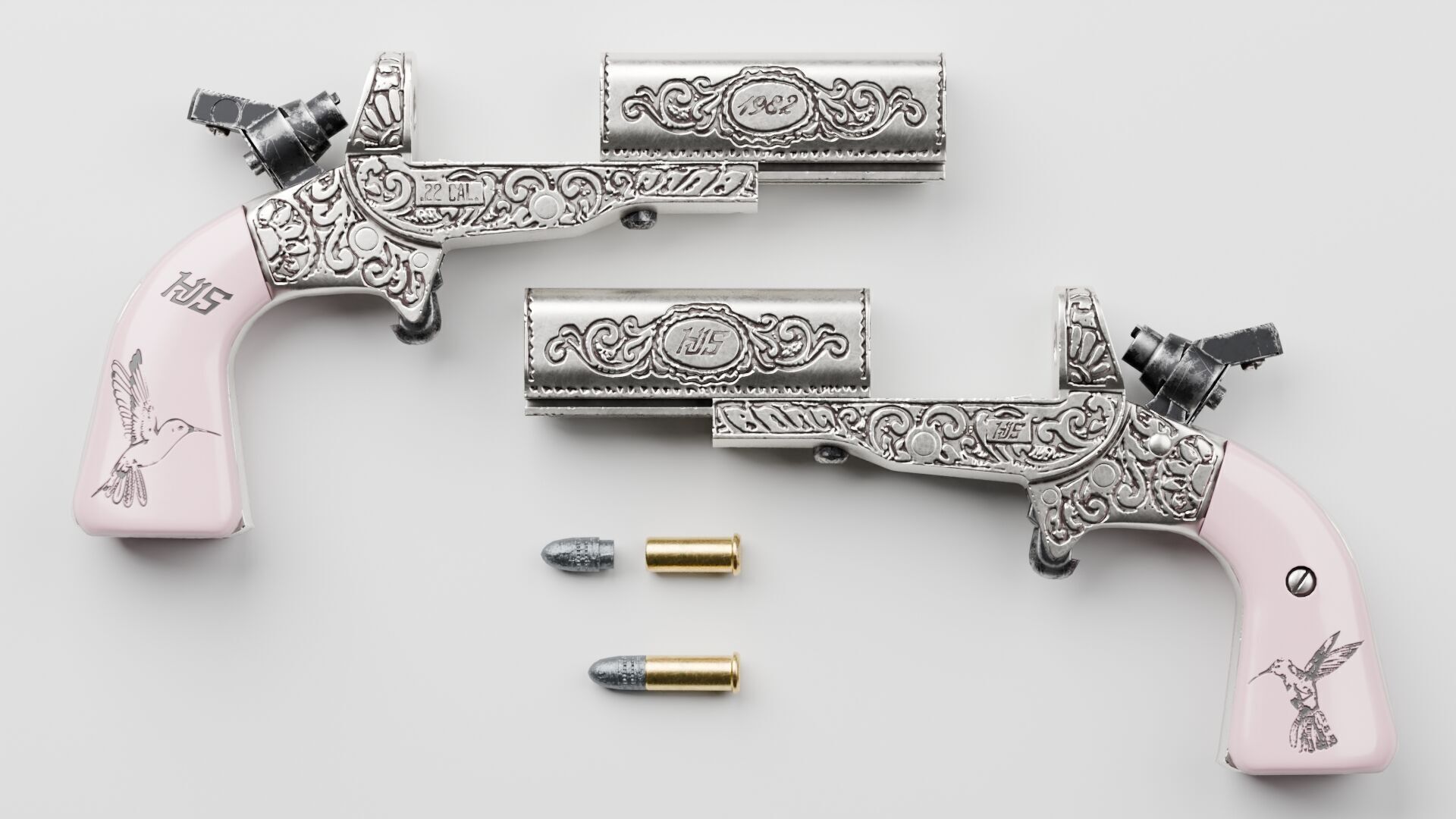 HJS Frontier Four Derringer Engraved Humming Bird Grip Low-poly 3D model_3