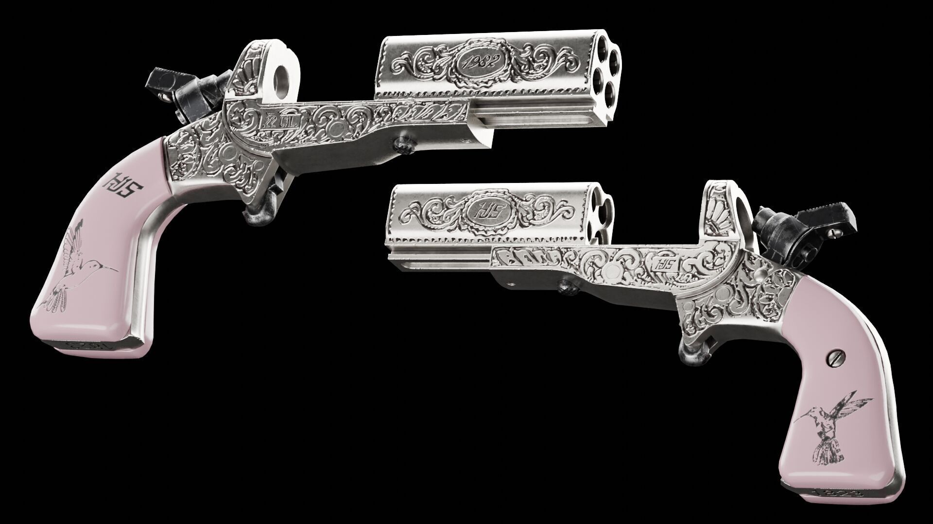 HJS Frontier Four Derringer Engraved Humming Bird Grip Low-poly 3D model_5