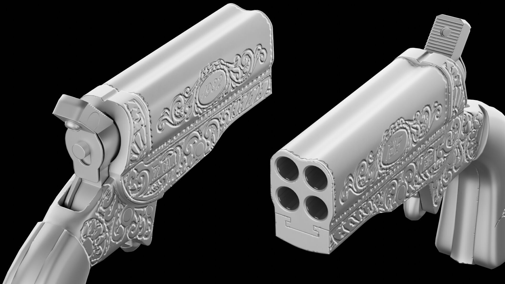 HJS Frontier Four Derringer Engraved Humming Bird Grip Low-poly 3D model_36