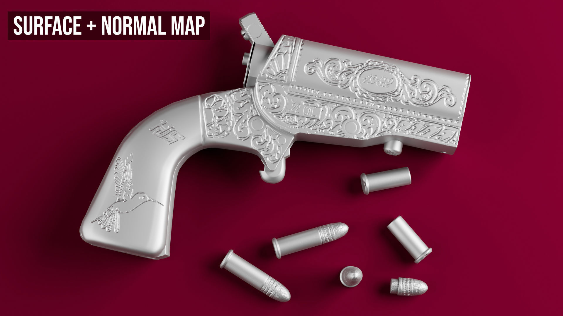 HJS Frontier Four Derringer Engraved Humming Bird Grip Low-poly 3D model_28