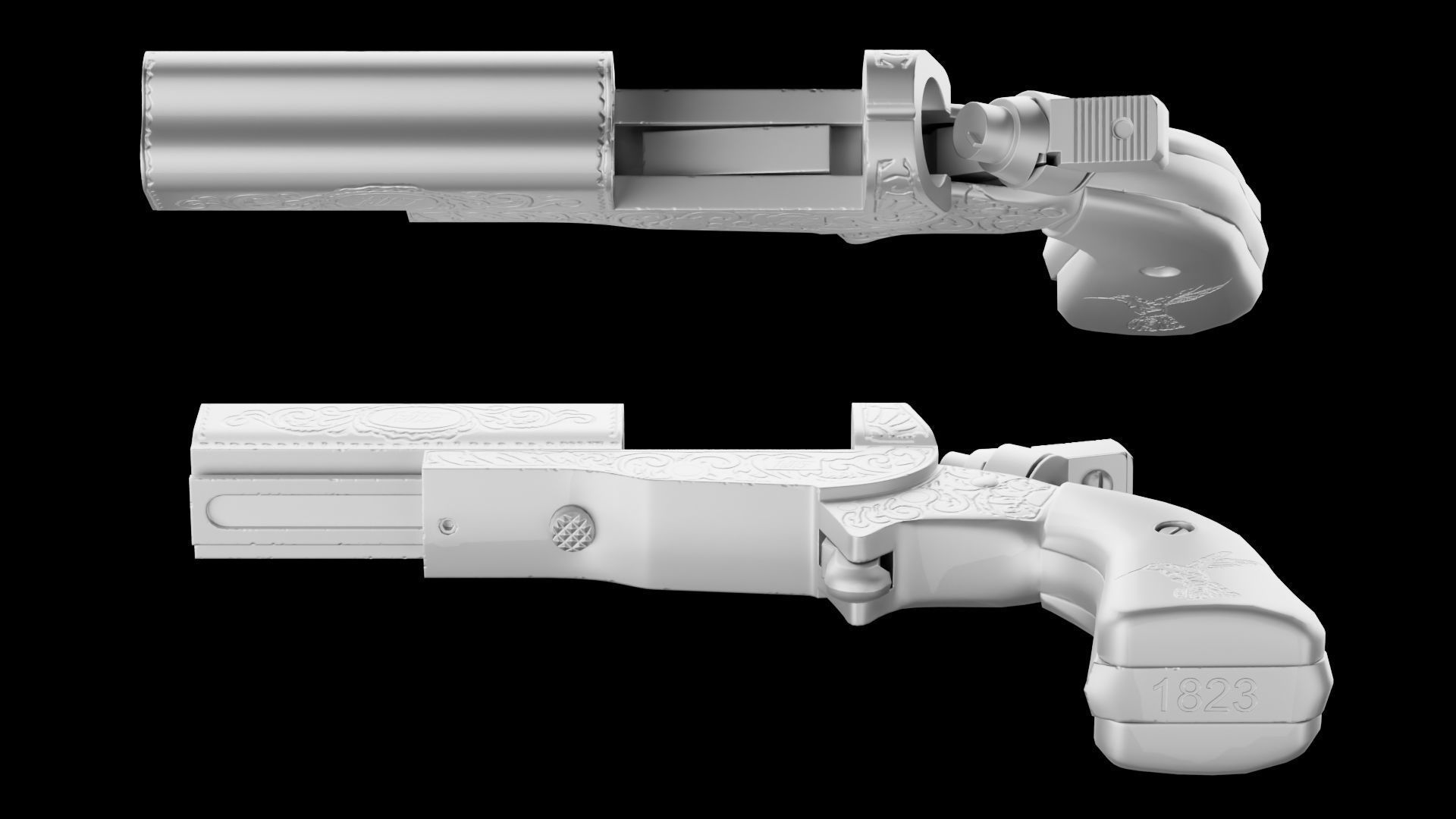 HJS Frontier Four Derringer Engraved Humming Bird Grip Low-poly 3D model_34