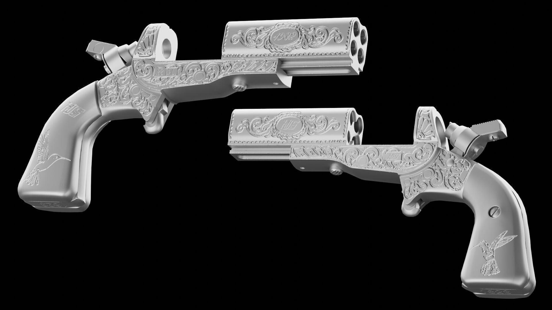 HJS Frontier Four Derringer Engraved Humming Bird Grip Low-poly 3D model_32