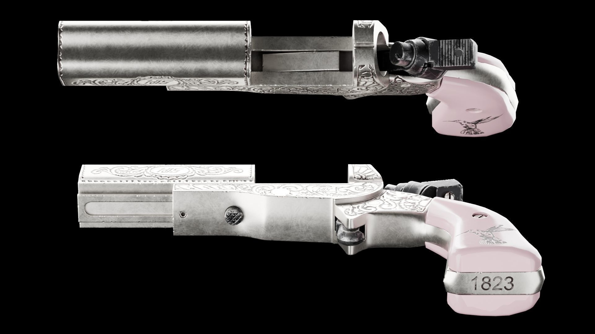 HJS Frontier Four Derringer Engraved Humming Bird Grip Low-poly 3D model_7