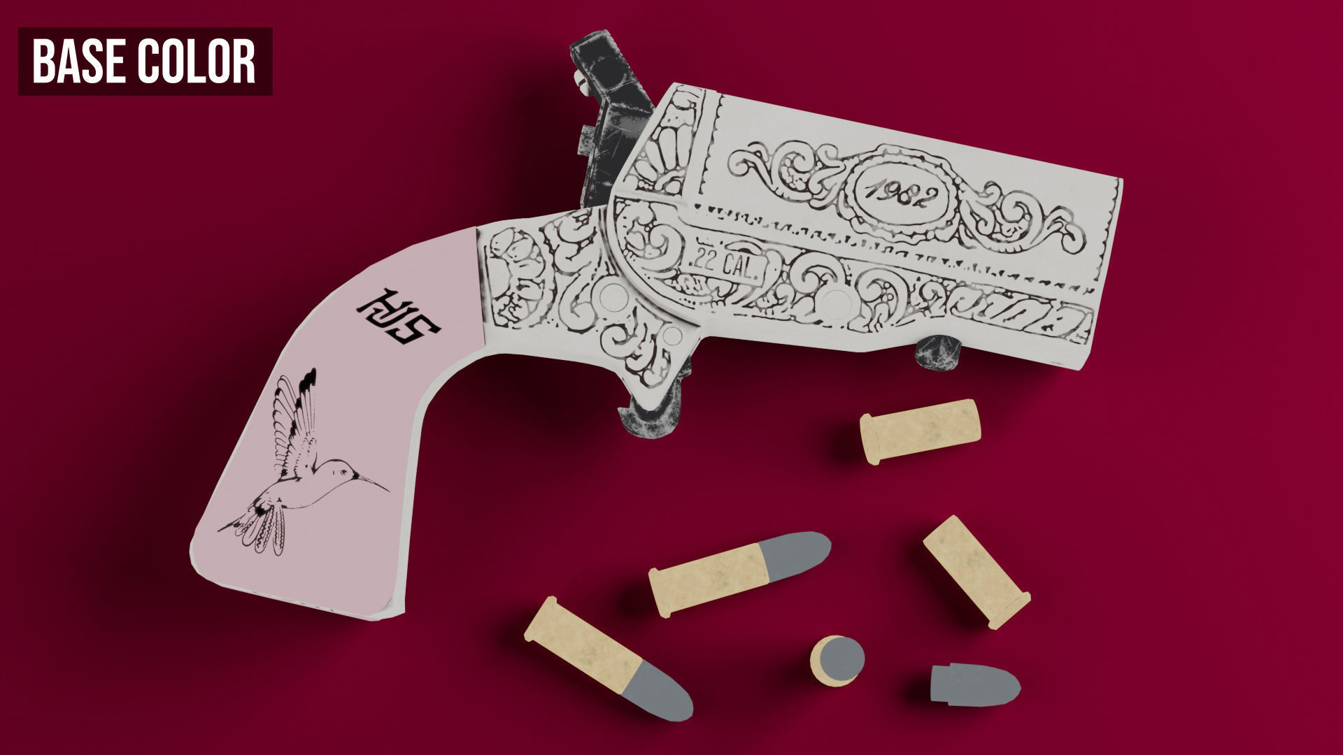 HJS Frontier Four Derringer Engraved Humming Bird Grip Low-poly 3D model_46