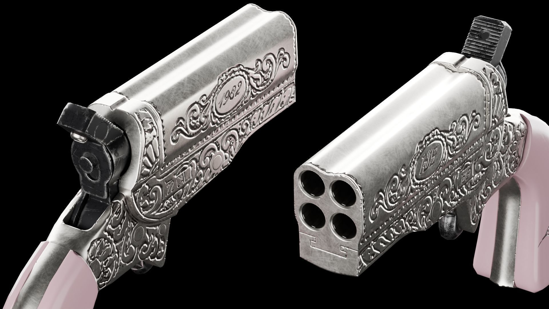 HJS Frontier Four Derringer Engraved Humming Bird Grip Low-poly 3D model_9