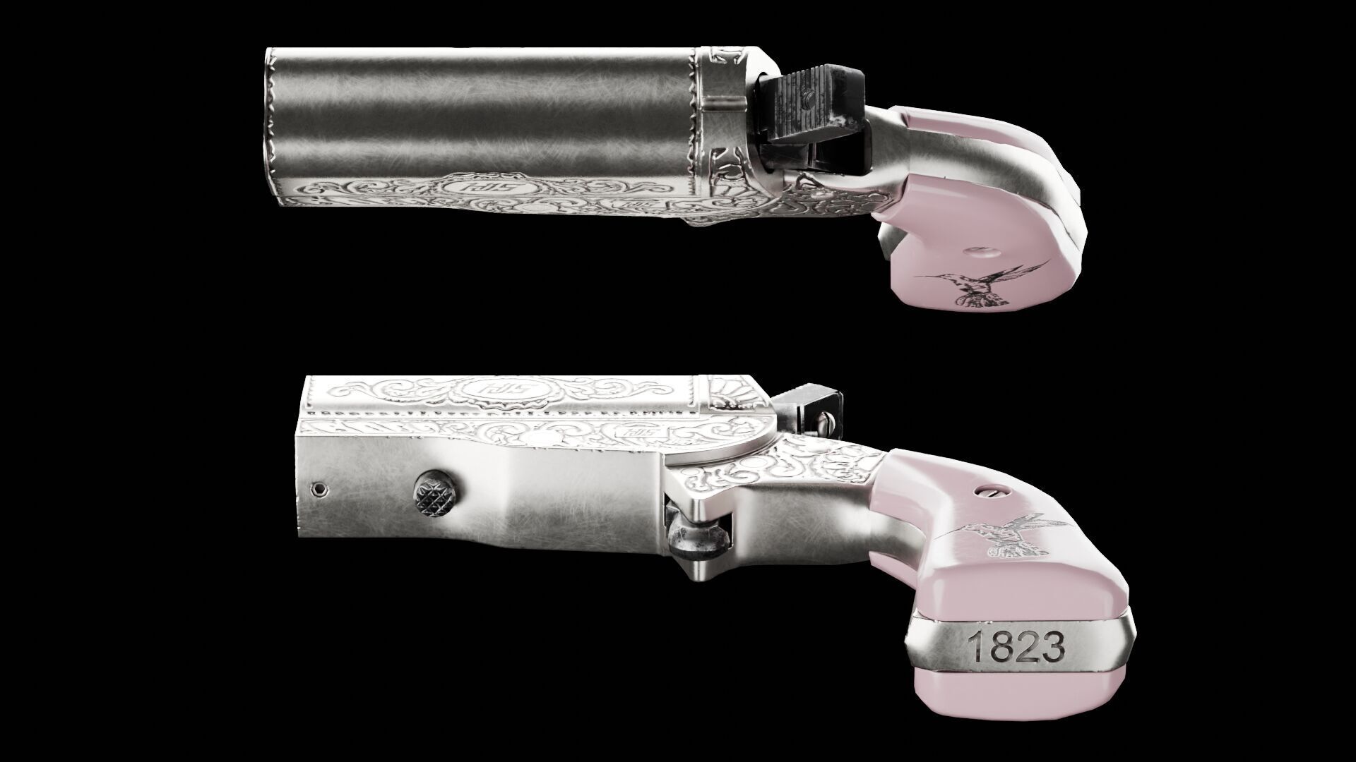 HJS Frontier Four Derringer Engraved Humming Bird Grip Low-poly 3D model_6