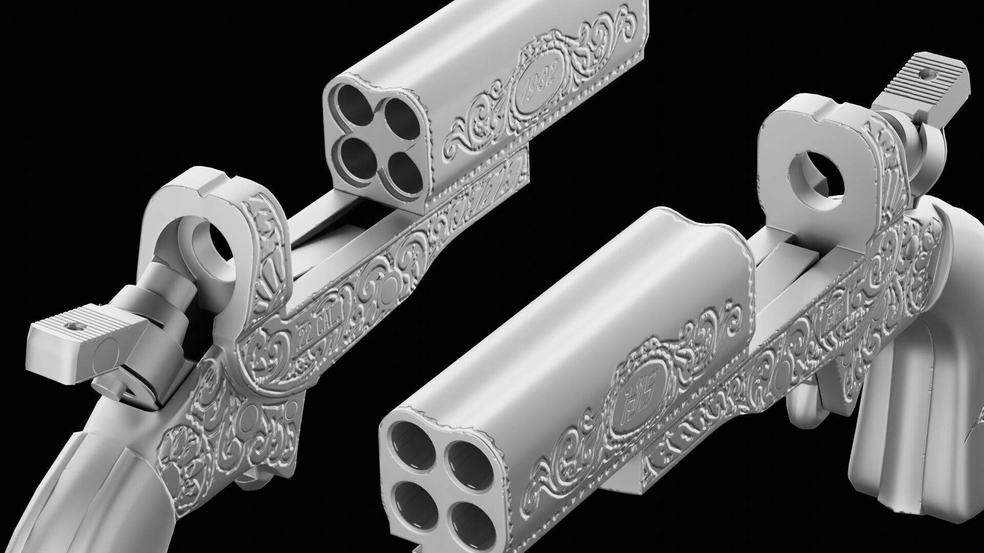 HJS Frontier Four Derringer Engraved Humming Bird Grip Low-poly 3D model_35