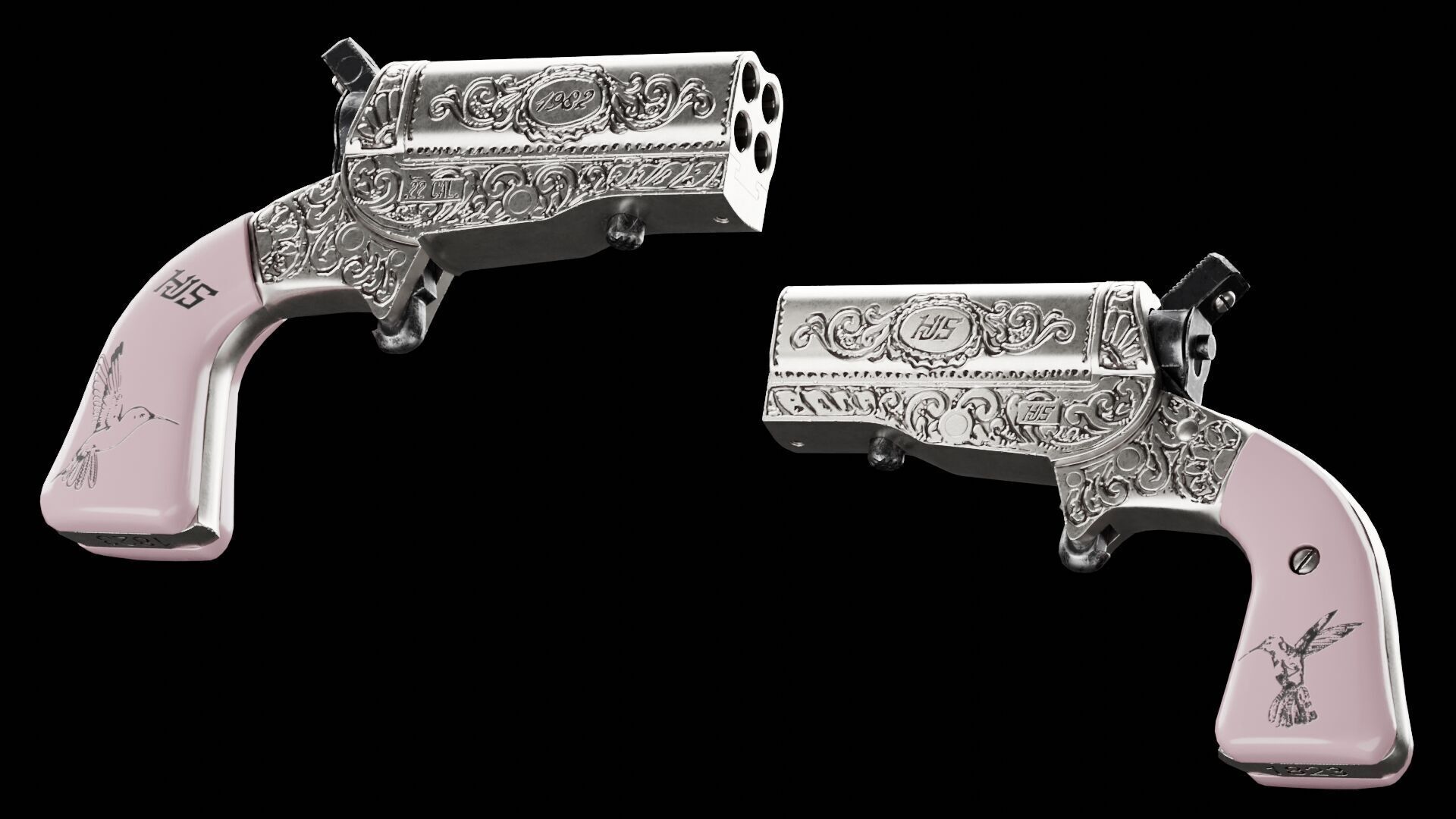 HJS Frontier Four Derringer Engraved Humming Bird Grip Low-poly 3D model_4