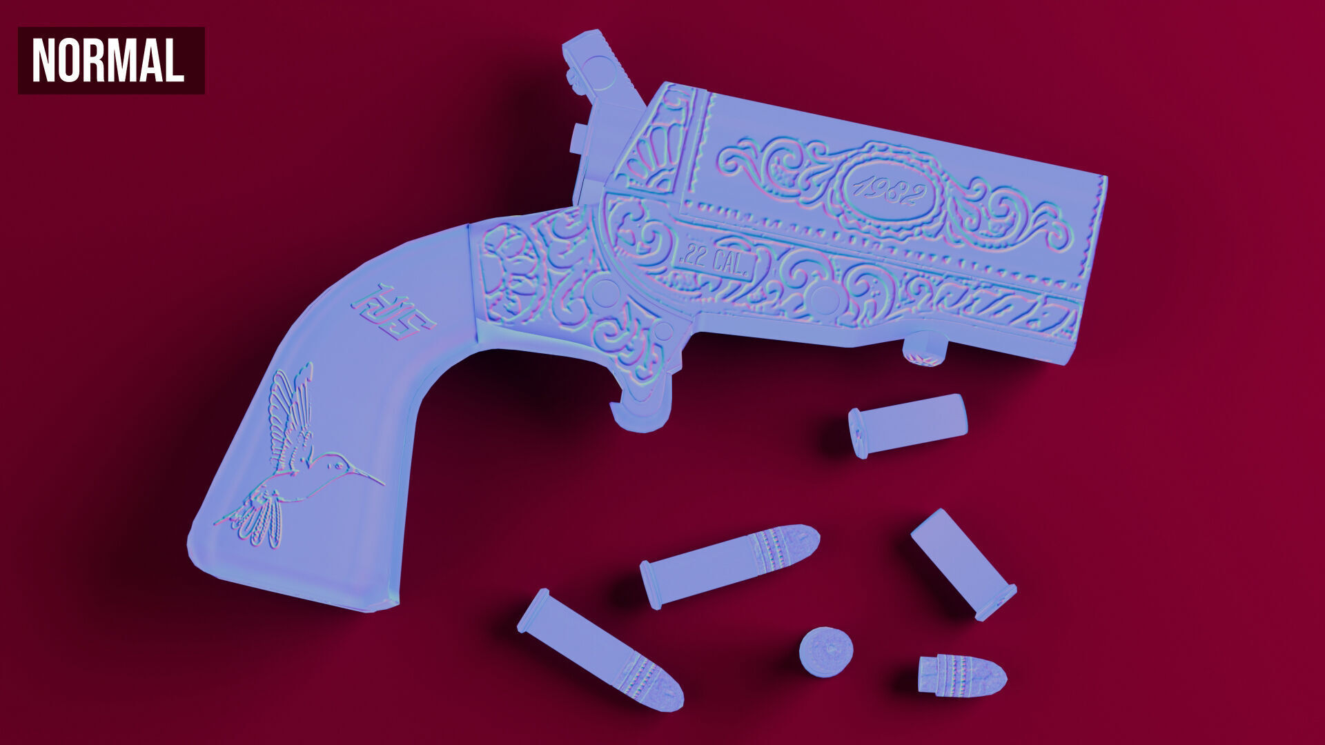 HJS Frontier Four Derringer Engraved Humming Bird Grip Low-poly 3D model_50