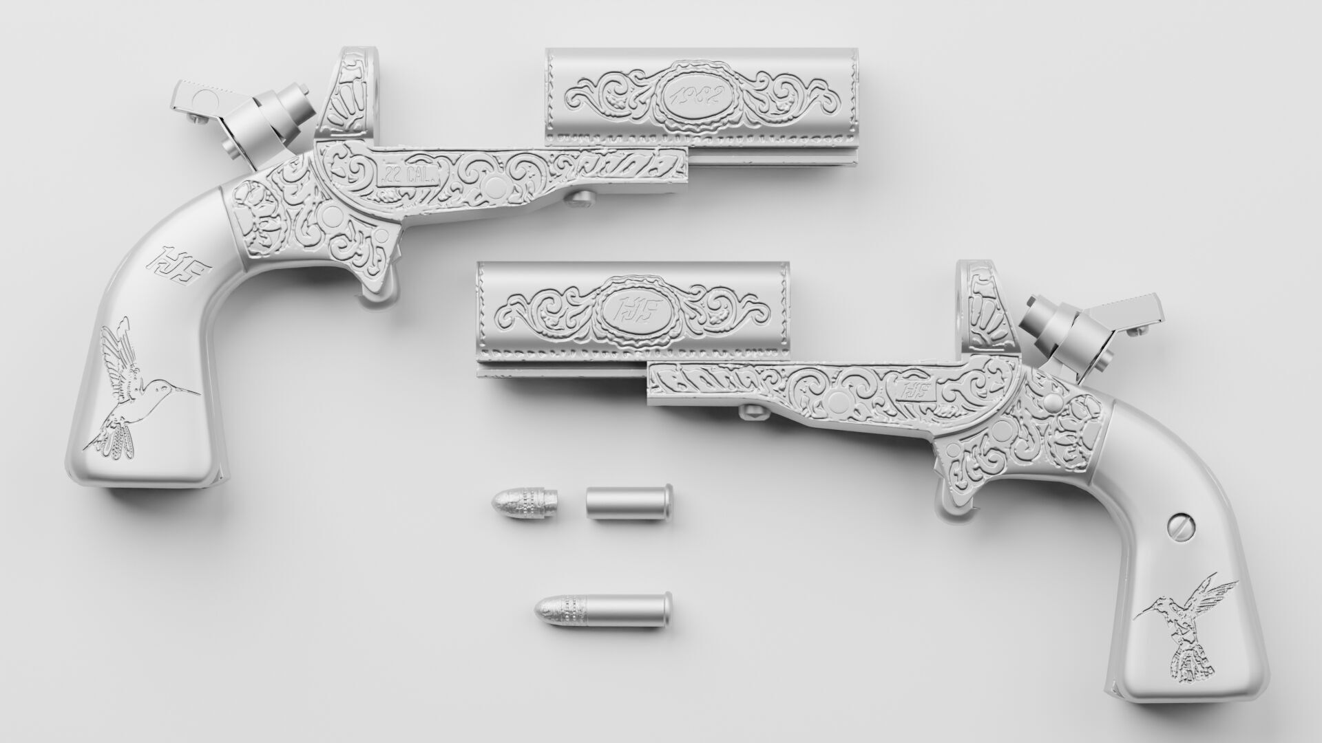 HJS Frontier Four Derringer Engraved Humming Bird Grip Low-poly 3D model_30