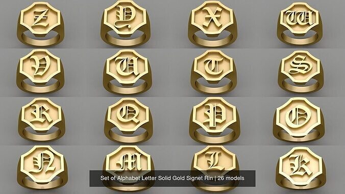Set of Alphabet Letter Solid Gold Signet Rin 3D Model Collection