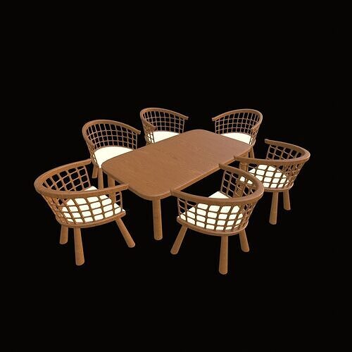 Modern Wooden Dining Table Set with Six Grid Back Chairs PBR 3D model