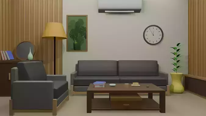 3D Low Poly Living Room and Dining Room Interior Model