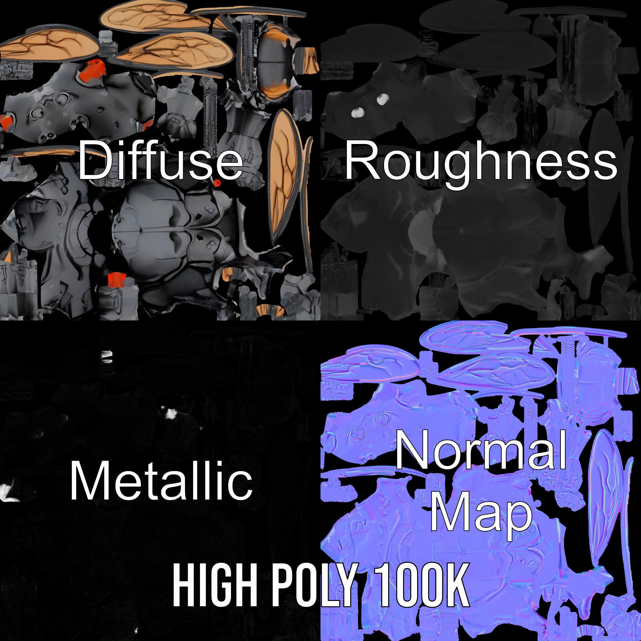 Animated Black Insectoid Creature with Wings Rigged and Animated Low-poly 3D model_3