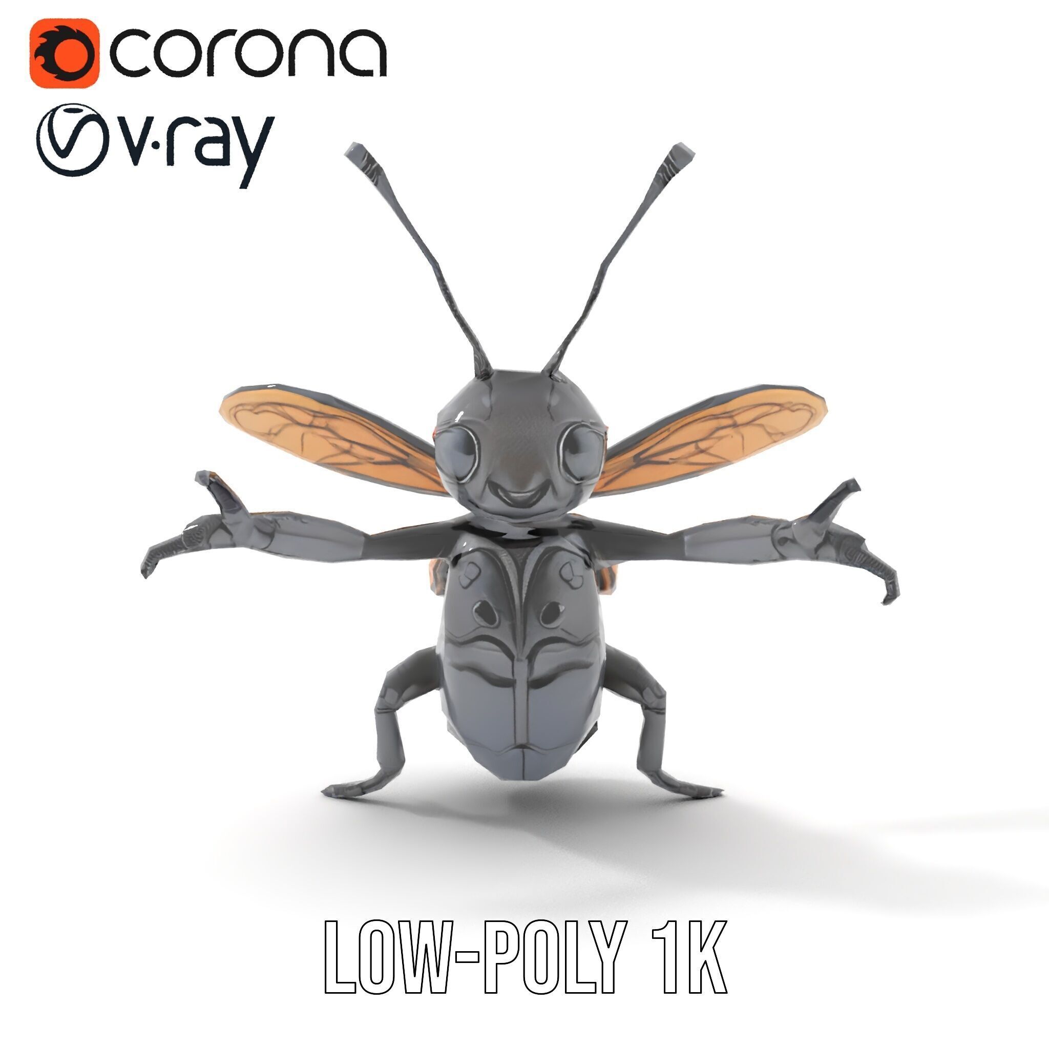 Animated Black Insectoid Creature with Wings Rigged and Animated Low-poly 3D model_16