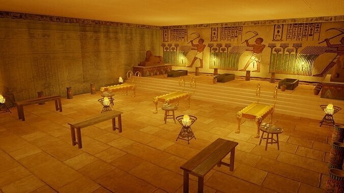 Egypt Mummification Ritual Chamber with Lion Offering Table 3D model