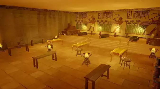 Egypt Mummification Ritual Chamber with Lion Offering Table