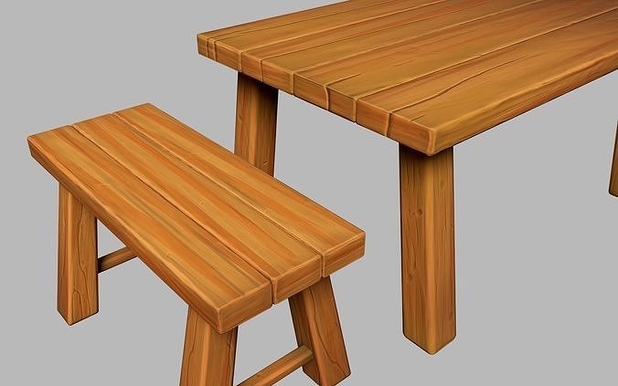 Stylized Table and Bench 3D model Low-poly 3D model