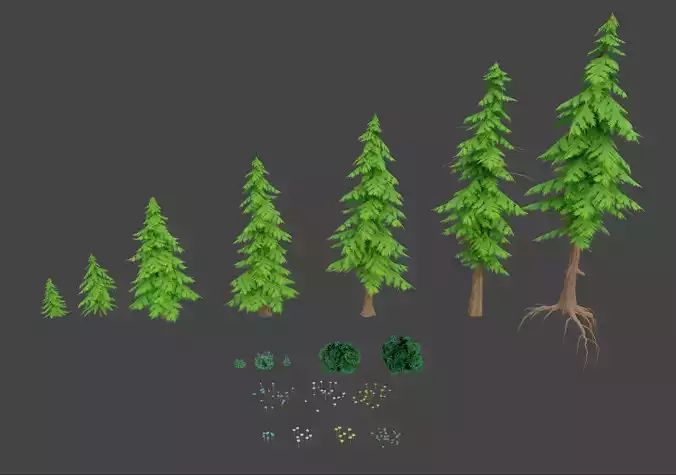 Stylized Pine Tree Flower Vegetation Kit Low-poly 3D model