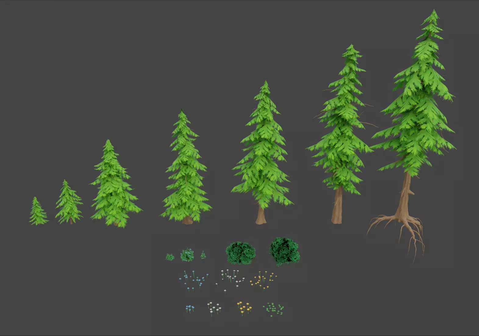 Stylized Pine Tree Flower Vegetation Kit Low-poly 3D model_0