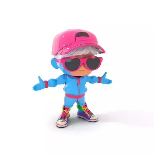 Cool Kid Character in Pink Hat Rigged and Animated Low-poly 3D model