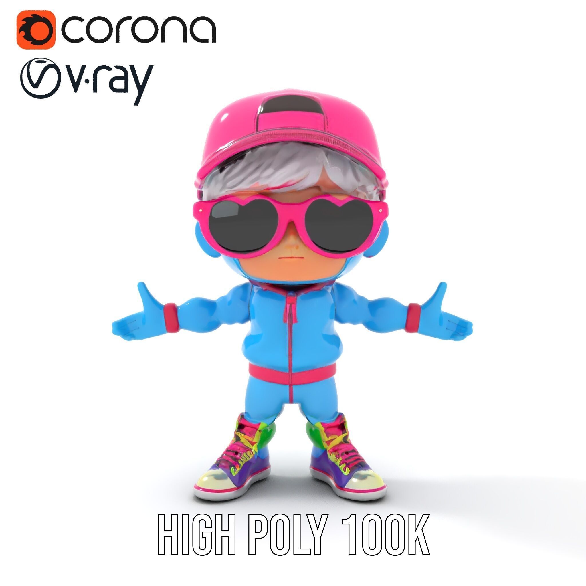 Cool Kid Character in Pink Hat Rigged and Animated Low-poly 3D model_20