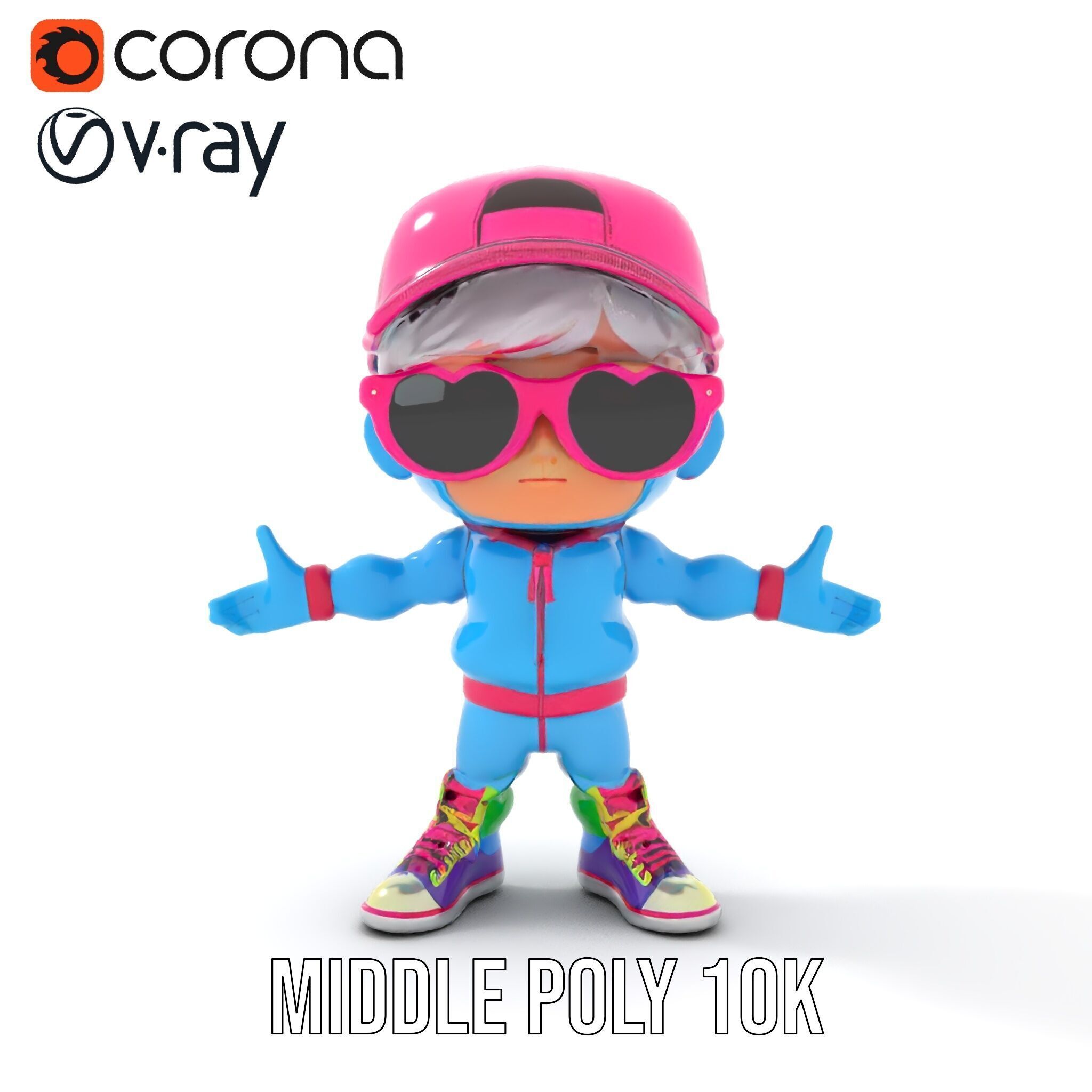 Cool Kid Character in Pink Hat Rigged and Animated Low-poly 3D model_24