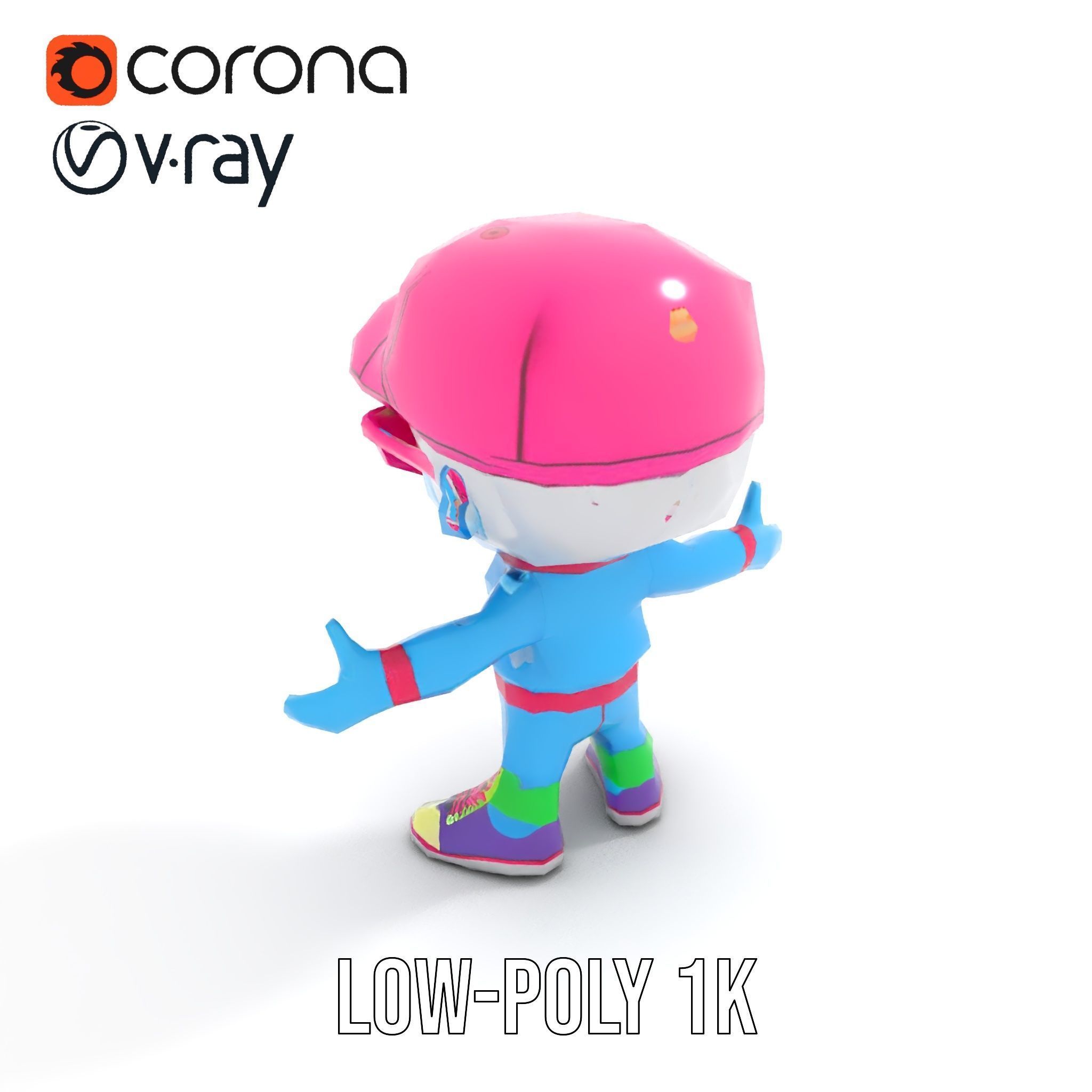 Cool Kid Character in Pink Hat Rigged and Animated Low-poly 3D model_7