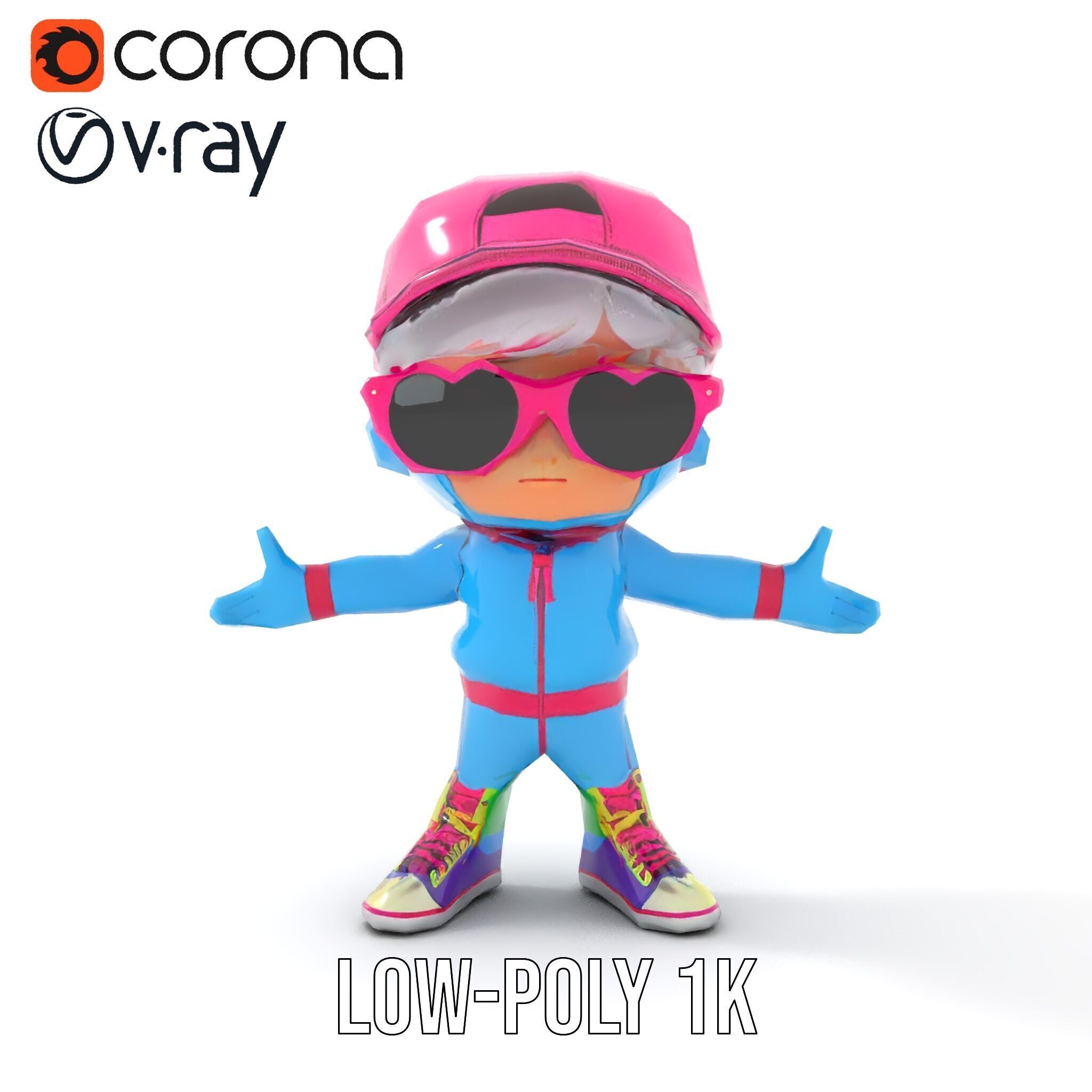 Cool Kid Character in Pink Hat Rigged and Animated Low-poly 3D model_19
