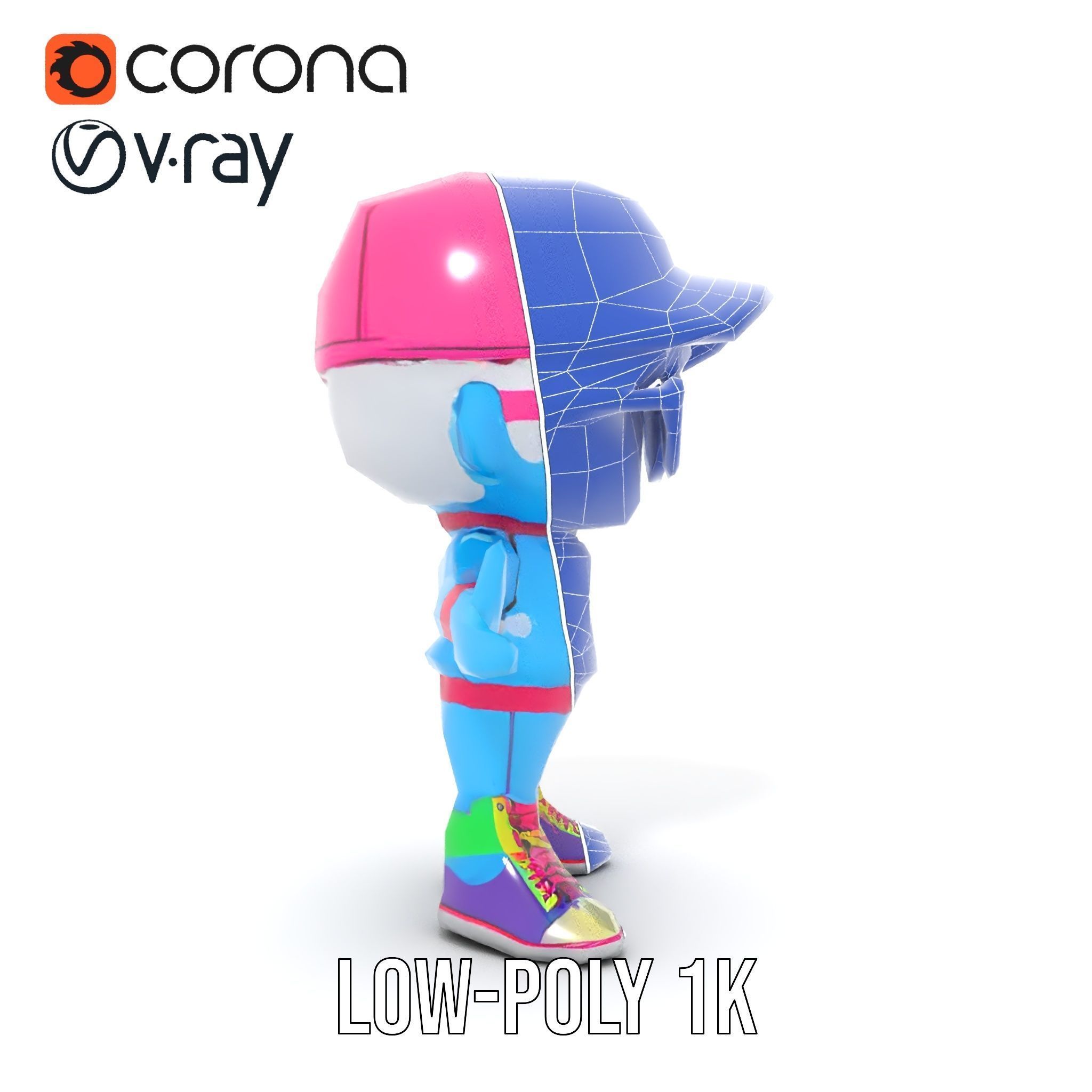 Cool Kid Character in Pink Hat Rigged and Animated Low-poly 3D model_22