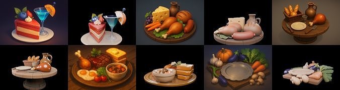 Food feast bundle 7 pack 100 glb Low-poly 3D model