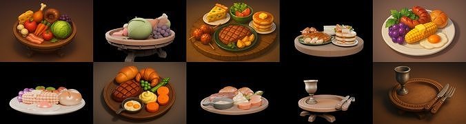 Food feast bundle 5 pack 100 glb Low-poly 3D model