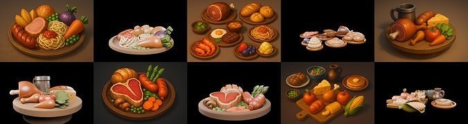 Food feast bundle 4 pack 100 glb Low-poly 3D model