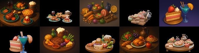 Food feast bundle 3 pack 100 glb Low-poly 3D model
