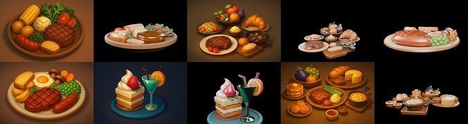 Food feast bundle 16 pack 100 glb Low-poly 3D model