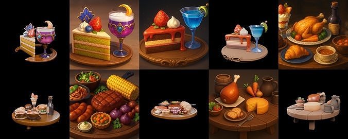 Food feast bundle 14 pack 100 glb Low-poly 3D model