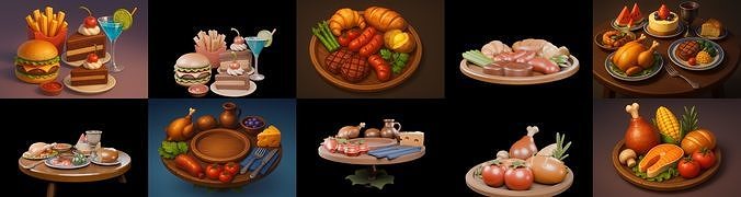 Food feast bundle 11 pack 100 glb Low-poly 3D model